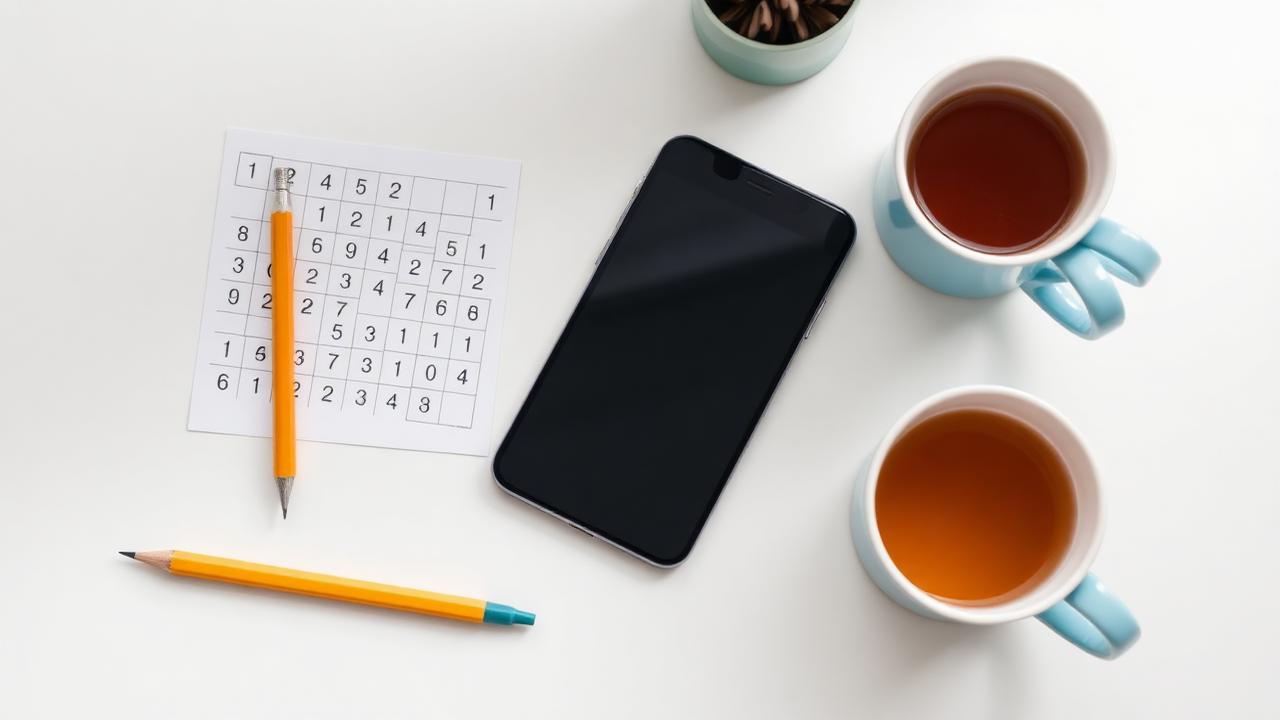 Aufgeräumter Schreibtisch mit Sudoku, Bleistift und weggelegtem Smartphone
