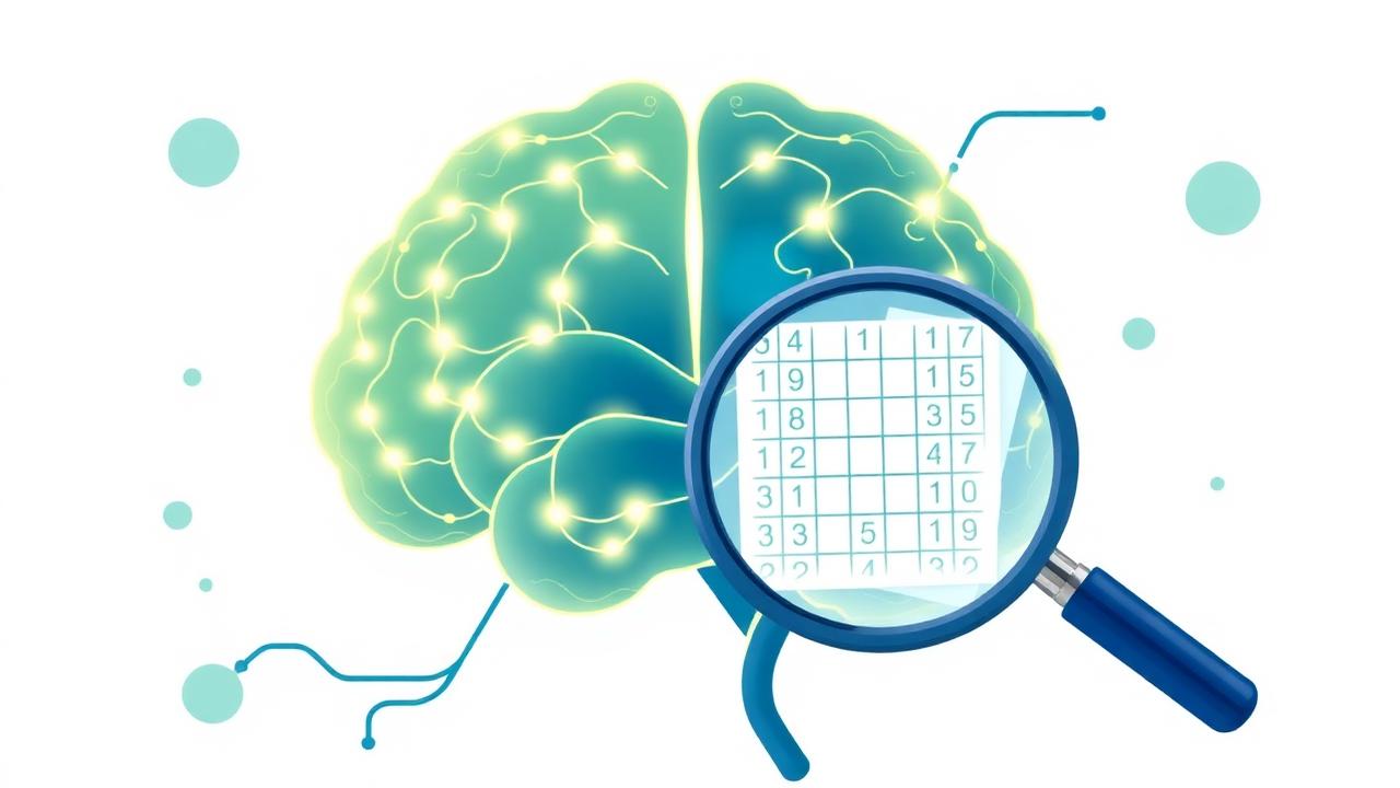Gehirn mit Lupe und Sudoku als Symbol für Forschung zum kognitiven Training