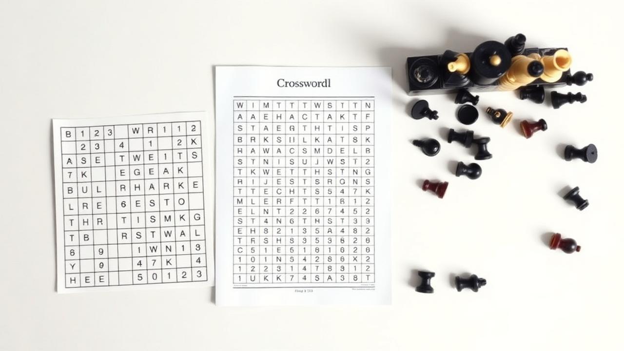 Sudoku-Gitter, Kreuzworträtsel und Schachfiguren nebeneinander